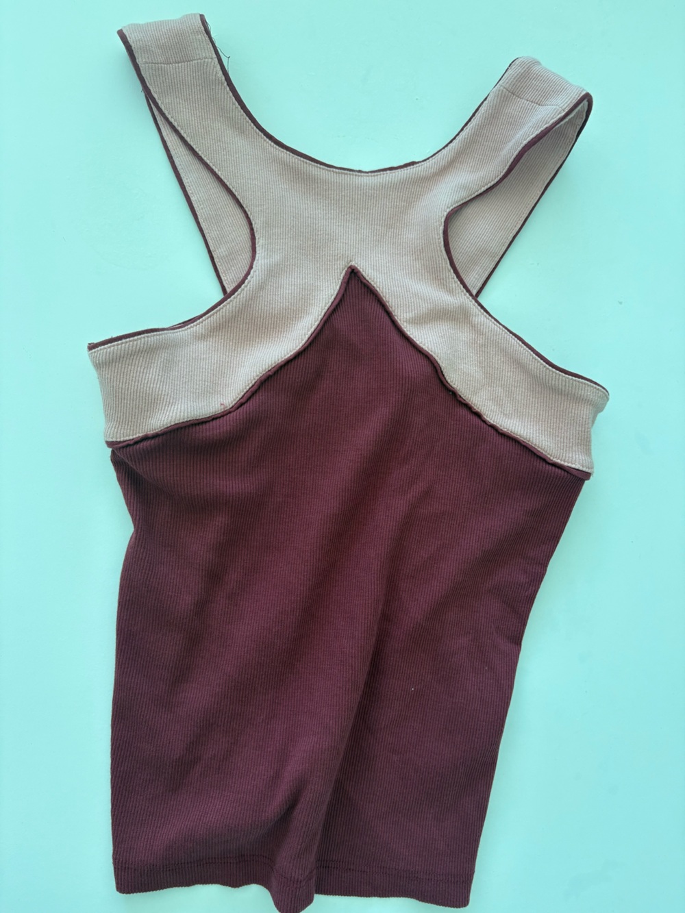 Maeve Two-Tone Ribbed Tank Top in Burgundy and Beige